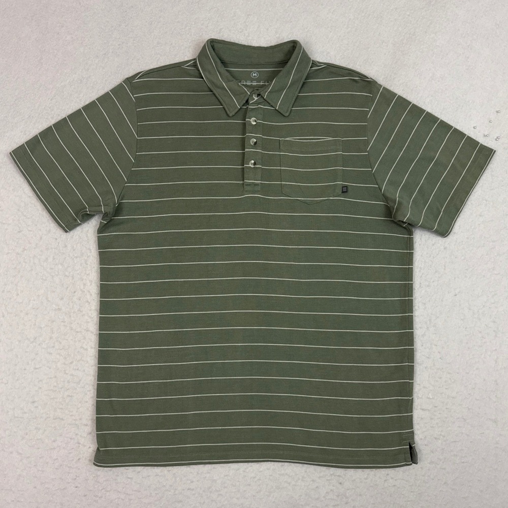 Free Fly Dockside Polo Shirt Men's Medium Green Striped Bamboo Performance